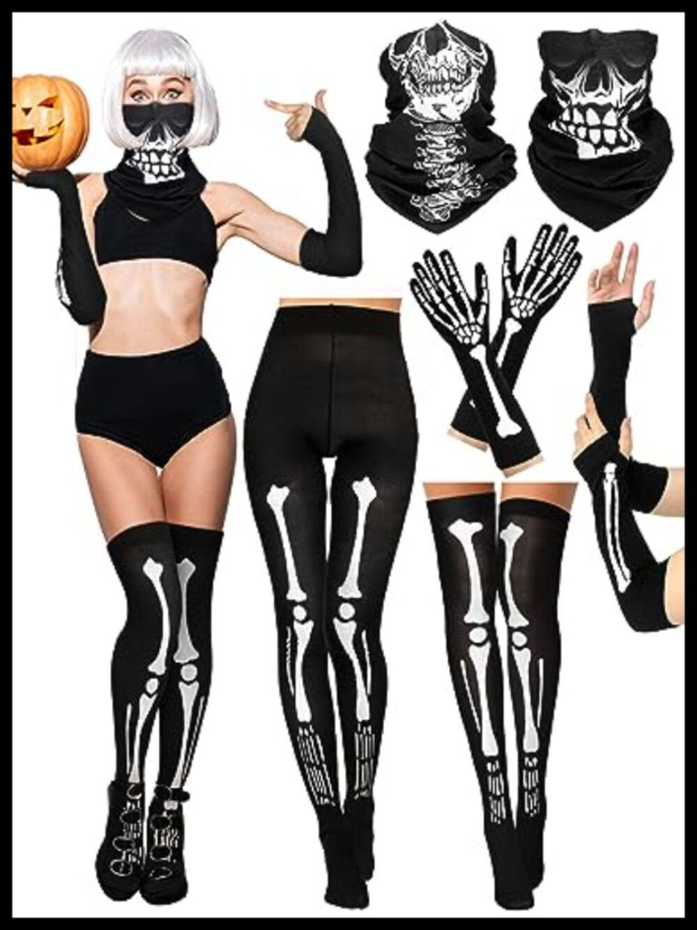 Halloween Skeleton Costume Accessory Set Polyester Gloves Stockings Gaiter